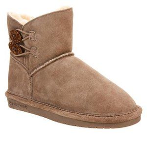 New BEARPAW® Rosy Suede Sheepskin Button Boot with NeverWet™ 11M Stone